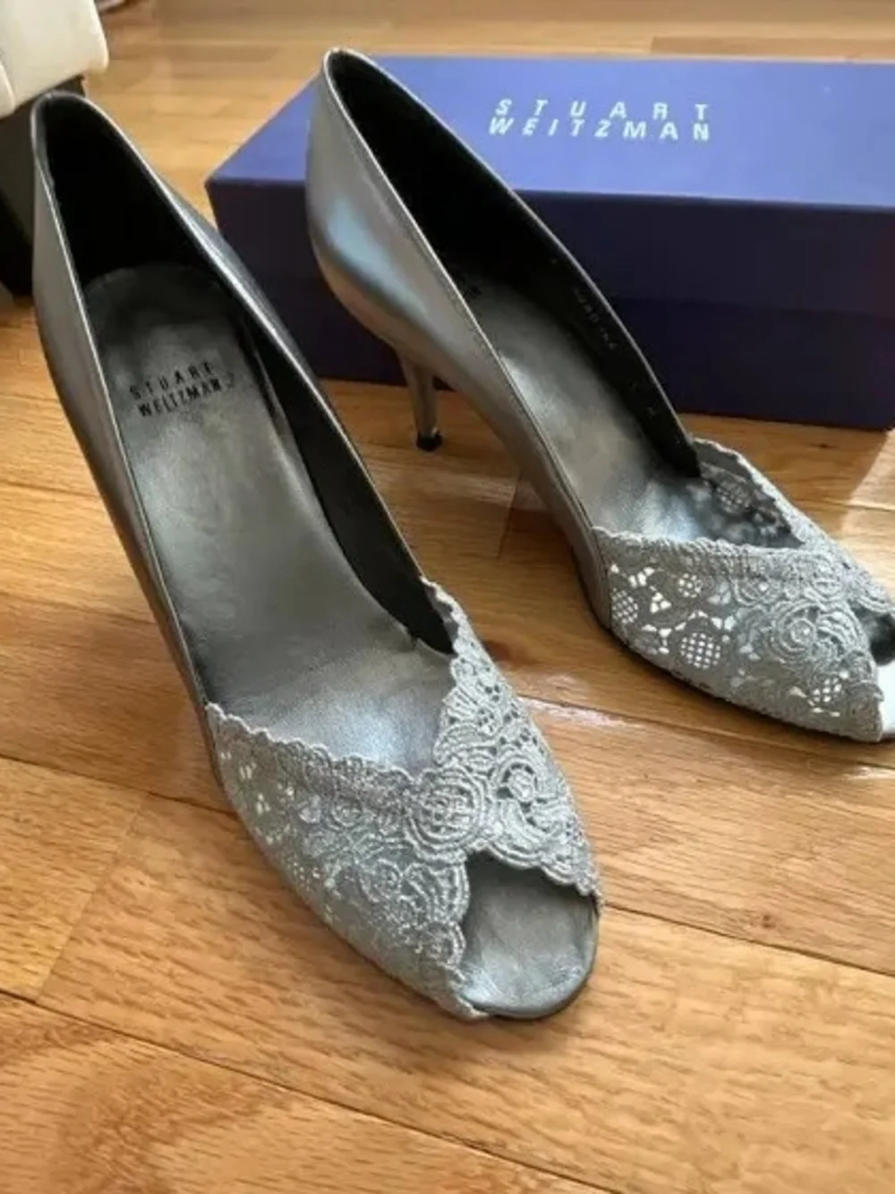 Stuart Weitzman Silver Lace Peep-Toe Heel